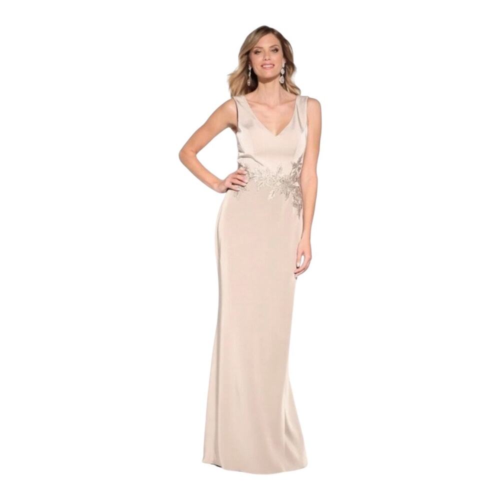 Cameron Blake Evening Gown Dress Sequins A-Line Women’s Champagne Latte Satin 14